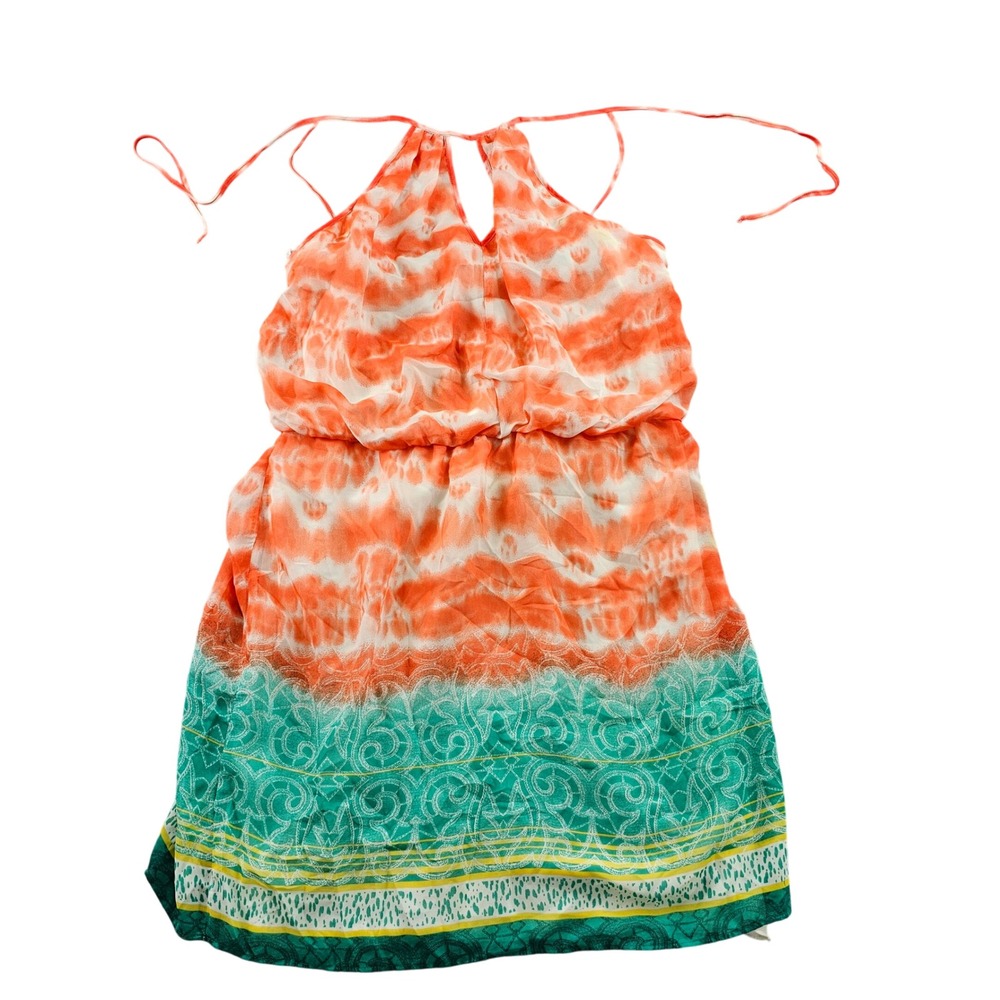 BISOU BISOU Halter Mini Sundress Women's 10 Green Orange Tie-Dye Keyhole Front